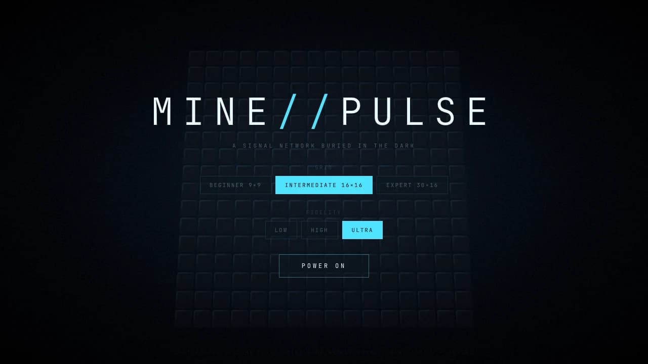 타이틀 화면 — MINE//PULSE 제목 아래 판 크기(BEGINNER·INTERMEDIATE·EXPERT)와 화질(LOW·HIGH·ULTRA) 선택, POWER ON 버튼