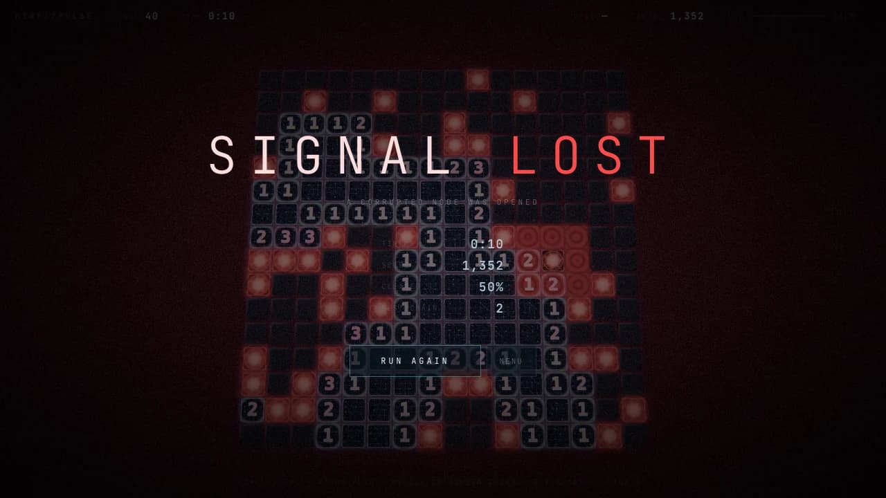 패배 화면 — 어두워진 판 위에 SIGNAL LOST 글자가 떠 있다